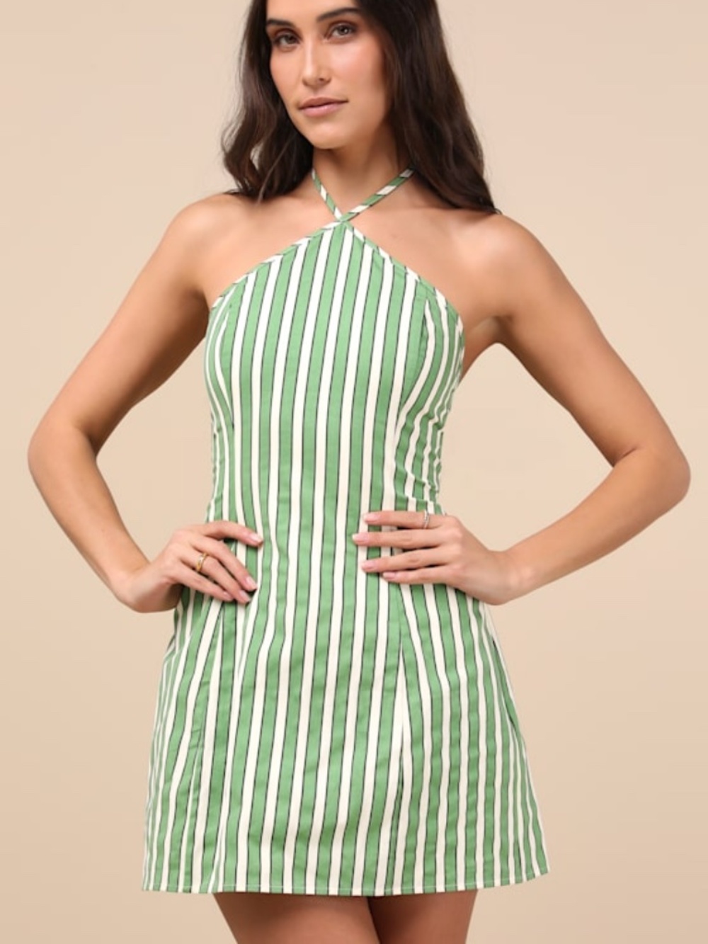 Lulus Madelia Green Striped Halter Mini Dress - Size XS